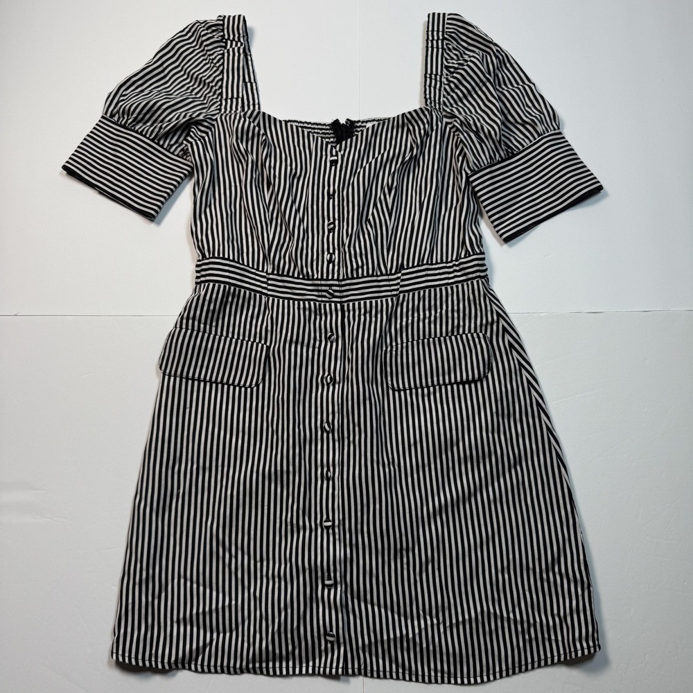 Ali & Jay Dress Womens Medium Black White Striped Puff Sleeve Button‎ READ